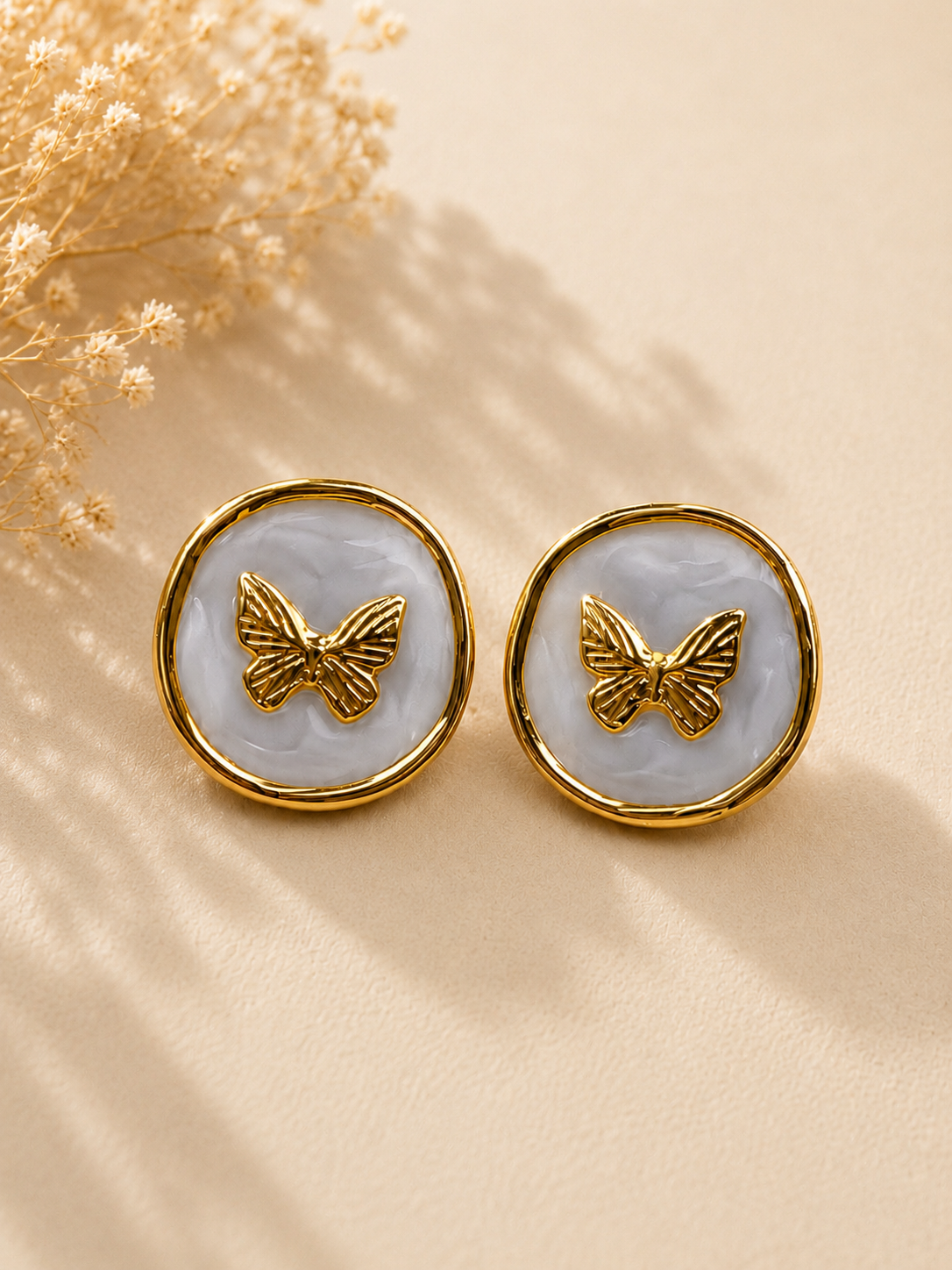 Golden Butterfly Pearl Stud Earrings