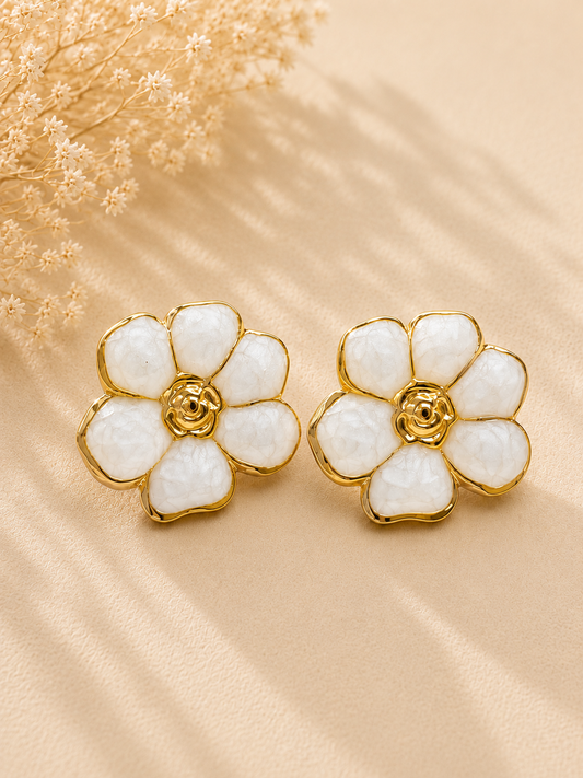 Golden Blossom Pearl Stud Earrings